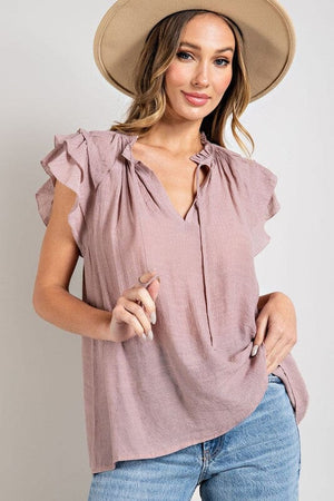 TIERED RUFFLE SLEEVE SHORT SLEEVE BLOUSE eesome MAUVE S 