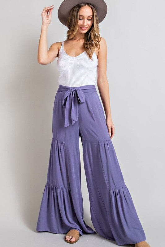 TIE WAIST TIERED WIDE LEG PANT - MAUVE