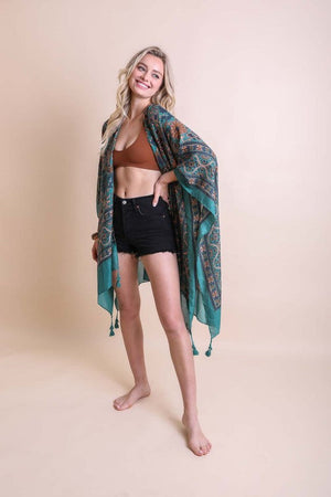 Touch of Morroco Tapestry Tassel Kimono Leto Accessories Emerald One Size 