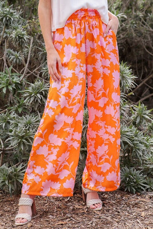 TROPICAL PRINT WIDE PANTS WITH SELF TIE DRAWSTRING Lumiere ORANGE/PINK S 