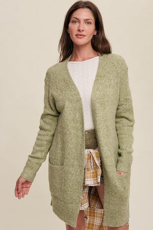 Two Pocket Open-Front Long Knit Cardigan Listicle Olive S 