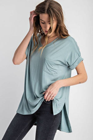 V NECK BASIC HIGH LOW HEM TOP Rae Mode Antique Sage S 