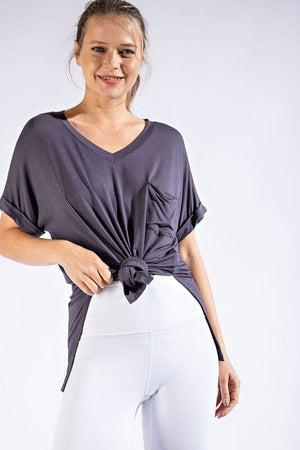 V NECK BASIC HIGH LOW HEM TOP Rae Mode Coal Black S 