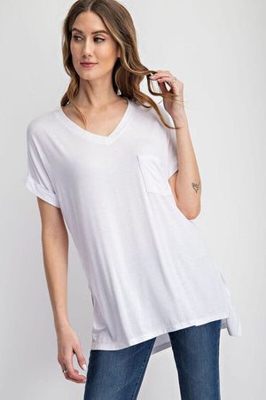V NECK BASIC HIGH LOW HEM TOP Rae Mode White S 