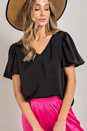 V-NECK PUFF SLEEVE BLOUSE TOP eesome BLACK S 