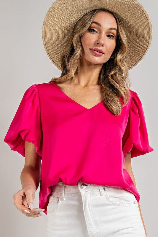 V-NECK PUFF SLEEVE BLOUSE TOP eesome HOT PINK S 