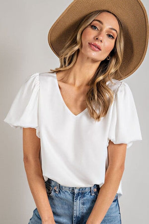 V-NECK PUFF SLEEVE BLOUSE TOP eesome OFF WHITE S 
