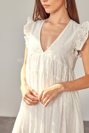 V NECK RUFFLE DETAIL ROMPER DRESS Mustard Seed 