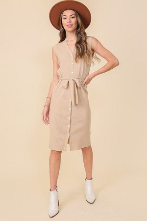 V NECK SLEEVELESS KNEE LENGTH DRESS WITH WAIST TIE Lumiere 