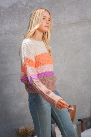 WAFFLE STITCH MULTI COLOR BOLD STRIPE SWEATER Lumiere 