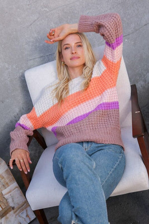WAFFLE STITCH MULTI COLOR BOLD STRIPE SWEATER Lumiere ORANGE BROWN MULTI S 