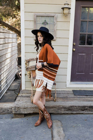 Western Luxe Fringed Ruana Ponchos Leto Collection Rust 