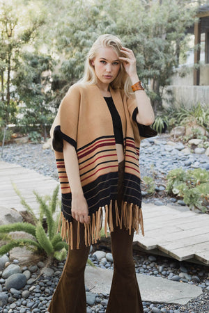 Western Luxe Fringed Ruana Ponchos Leto Collection Tan 