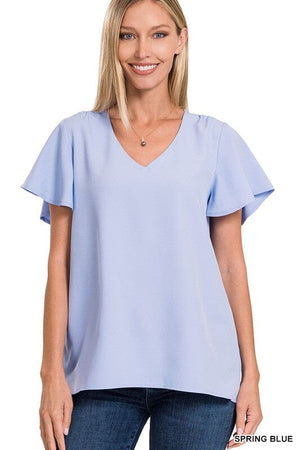 WOVEN FLUTTER SLEEVE V-NECK TOP ZENANA 