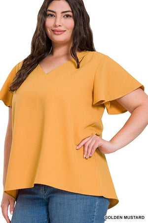 WOVEN FLUTTER SLEEVE V-NECK TOP ZENANA 