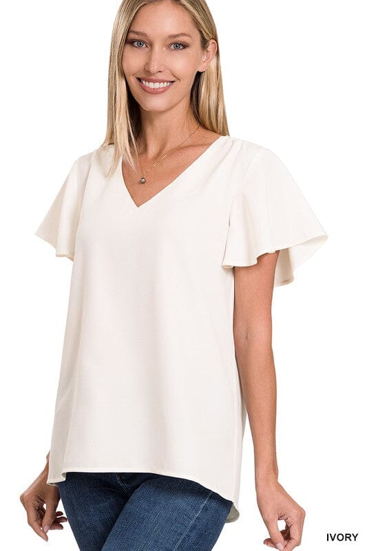 WOVEN FLUTTER SLEEVE V-NECK TOP ZENANA GOLDEN MUSTARD S 
