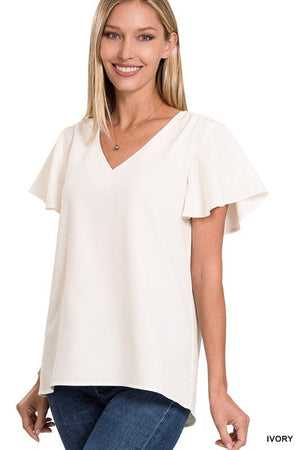 WOVEN FLUTTER SLEEVE V-NECK TOP ZENANA 