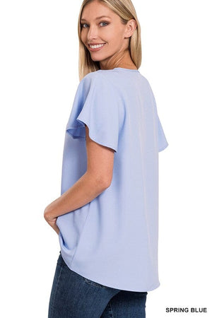 WOVEN FLUTTER SLEEVE V-NECK TOP ZENANA 