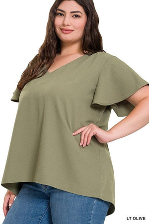 WOVEN FLUTTER SLEEVE V-NECK TOP ZENANA 