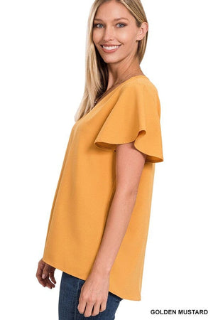 WOVEN FLUTTER SLEEVE V-NECK TOP ZENANA 