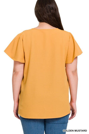 WOVEN FLUTTER SLEEVE V-NECK TOP ZENANA 