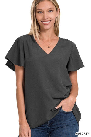 WOVEN FLUTTER SLEEVE V-NECK TOP ZENANA ASH GREY S 