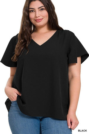 WOVEN FLUTTER SLEEVE V-NECK TOP ZENANA BLACK 1X 