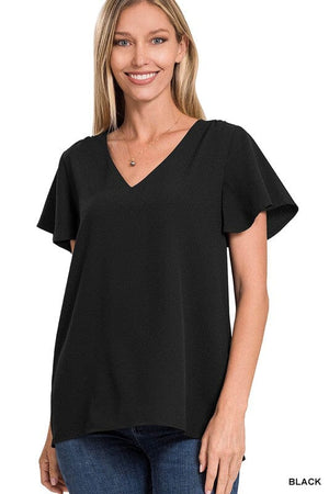 WOVEN FLUTTER SLEEVE V-NECK TOP ZENANA BLACK S 