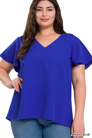 WOVEN FLUTTER SLEEVE V-NECK TOP ZENANA BRIGHT BLUE 1X 