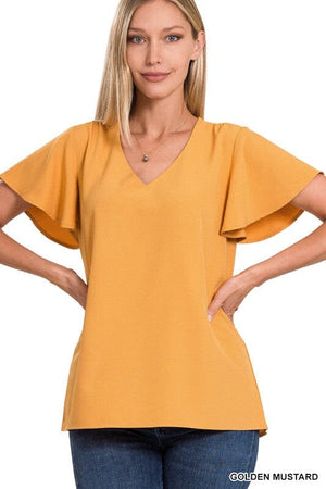 WOVEN FLUTTER SLEEVE V-NECK TOP ZENANA GOLDEN MUSTARD S 