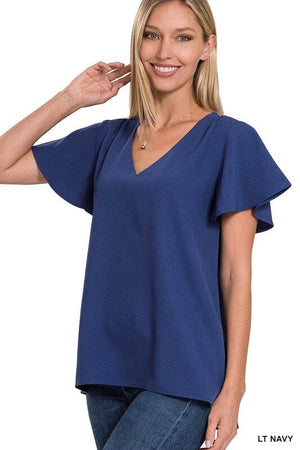 WOVEN FLUTTER SLEEVE V-NECK TOP ZENANA LT NAVY S 