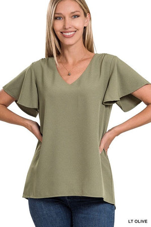 WOVEN FLUTTER SLEEVE V-NECK TOP ZENANA LT OLIVE S 