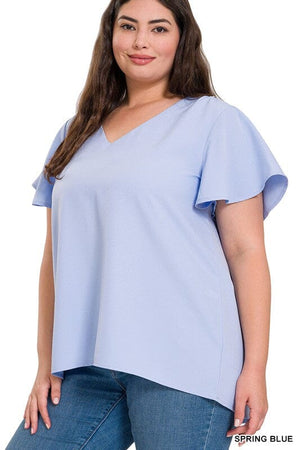 WOVEN FLUTTER SLEEVE V-NECK TOP ZENANA SPRING BLUE 1X 