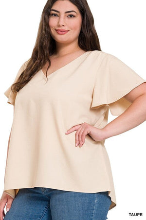 WOVEN FLUTTER SLEEVE V-NECK TOP ZENANA TAUPE 1X 