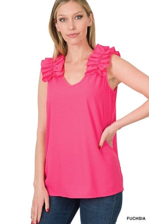 WOVEN WOOL DOBBY RUFFLE TRIM SLEEVELESS TOP ZENANA 