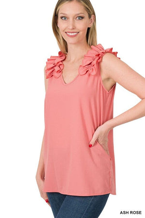 WOVEN WOOL DOBBY RUFFLE TRIM SLEEVELESS TOP ZENANA 