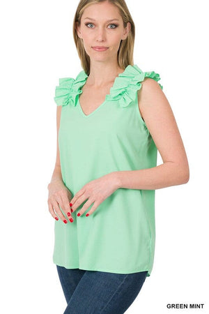 WOVEN WOOL DOBBY RUFFLE TRIM SLEEVELESS TOP ZENANA 