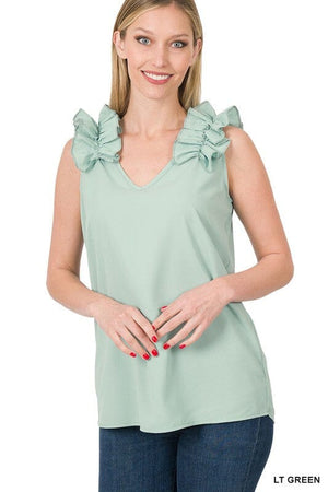 WOVEN WOOL DOBBY RUFFLE TRIM SLEEVELESS TOP ZENANA 