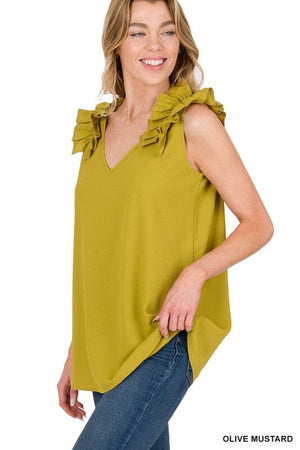 WOVEN WOOL DOBBY RUFFLE TRIM SLEEVELESS TOP ZENANA 