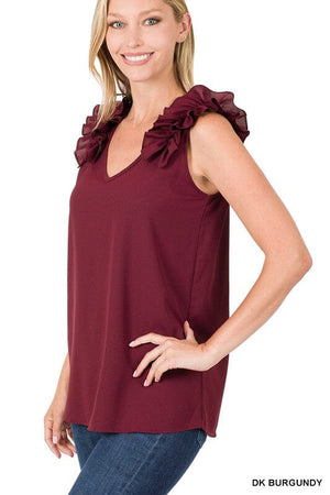 WOVEN WOOL DOBBY RUFFLE TRIM SLEEVELESS TOP ZENANA 