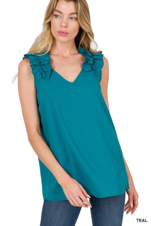 WOVEN WOOL DOBBY RUFFLE TRIM SLEEVELESS TOP ZENANA 