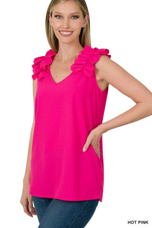 WOVEN WOOL DOBBY RUFFLE TRIM SLEEVELESS TOP ZENANA 