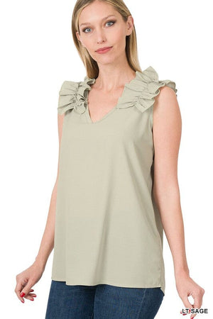 WOVEN WOOL DOBBY RUFFLE TRIM SLEEVELESS TOP ZENANA 