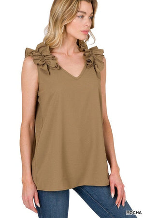 WOVEN WOOL DOBBY RUFFLE TRIM SLEEVELESS TOP ZENANA 