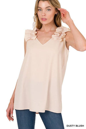 WOVEN WOOL DOBBY RUFFLE TRIM SLEEVELESS TOP ZENANA 