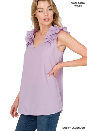 WOVEN WOOL DOBBY RUFFLE TRIM SLEEVELESS TOP ZENANA 