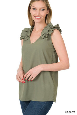 WOVEN WOOL DOBBY RUFFLE TRIM SLEEVELESS TOP ZENANA 