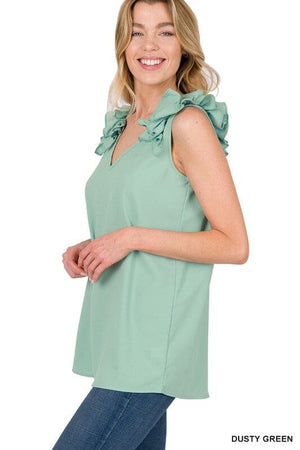 WOVEN WOOL DOBBY RUFFLE TRIM SLEEVELESS TOP ZENANA 