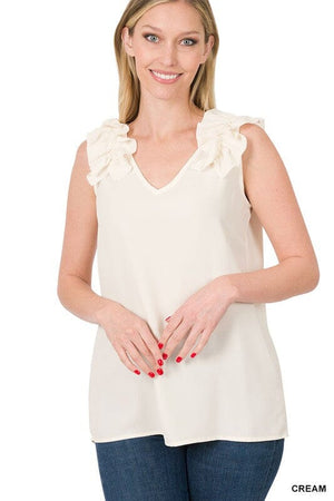 WOVEN WOOL DOBBY RUFFLE TRIM SLEEVELESS TOP ZENANA 