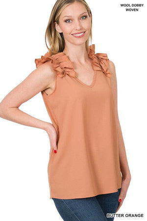 WOVEN WOOL DOBBY RUFFLE TRIM SLEEVELESS TOP ZENANA 